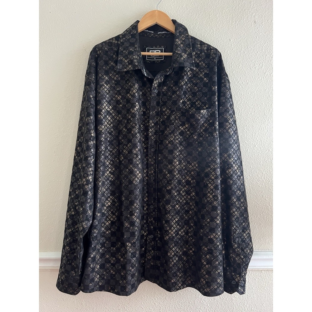 Benjamin Black Mens 4X Button Up Shirt Bronze Gold Checkerboard Textured Casual